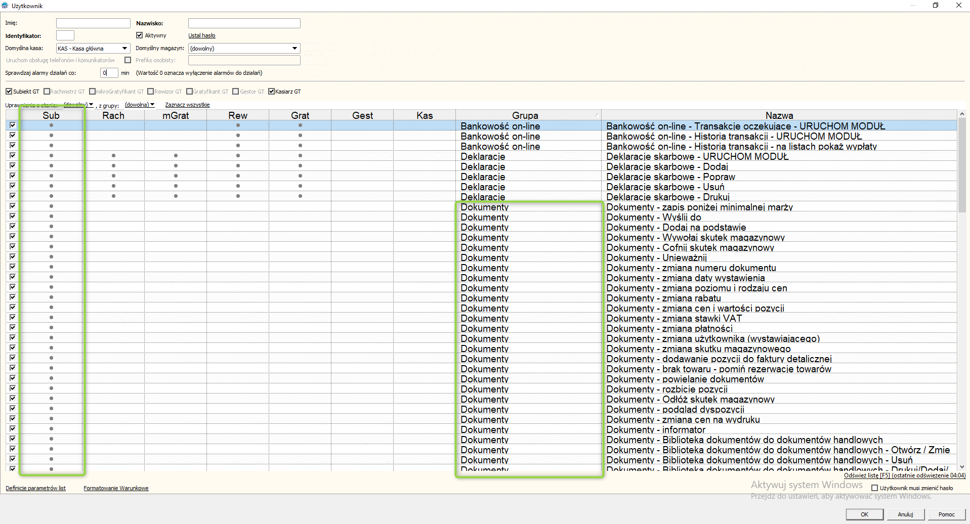 Zakres uprawnień w Subiekt GT